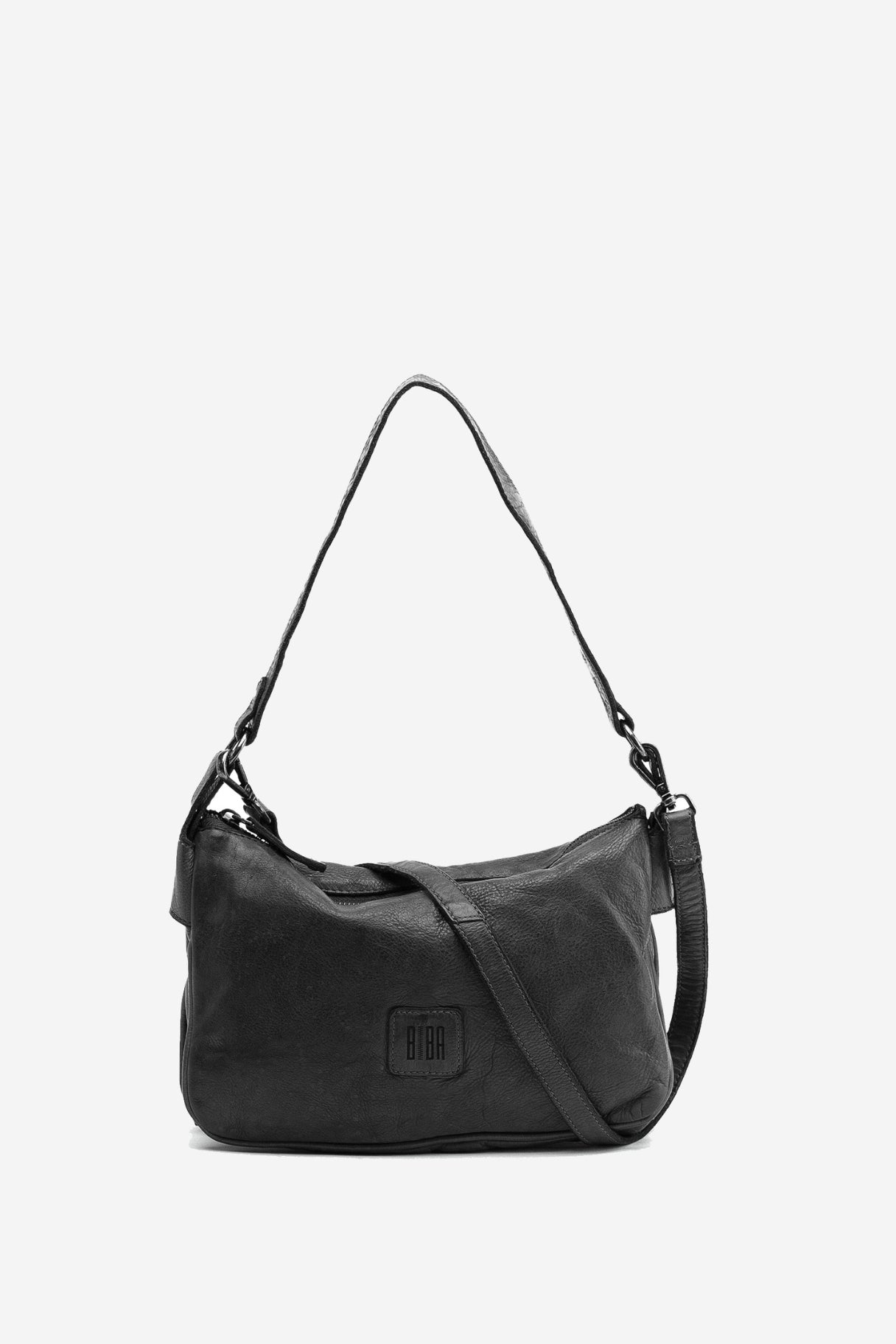 Sac bandoulière zippé en cuir de couleur noire