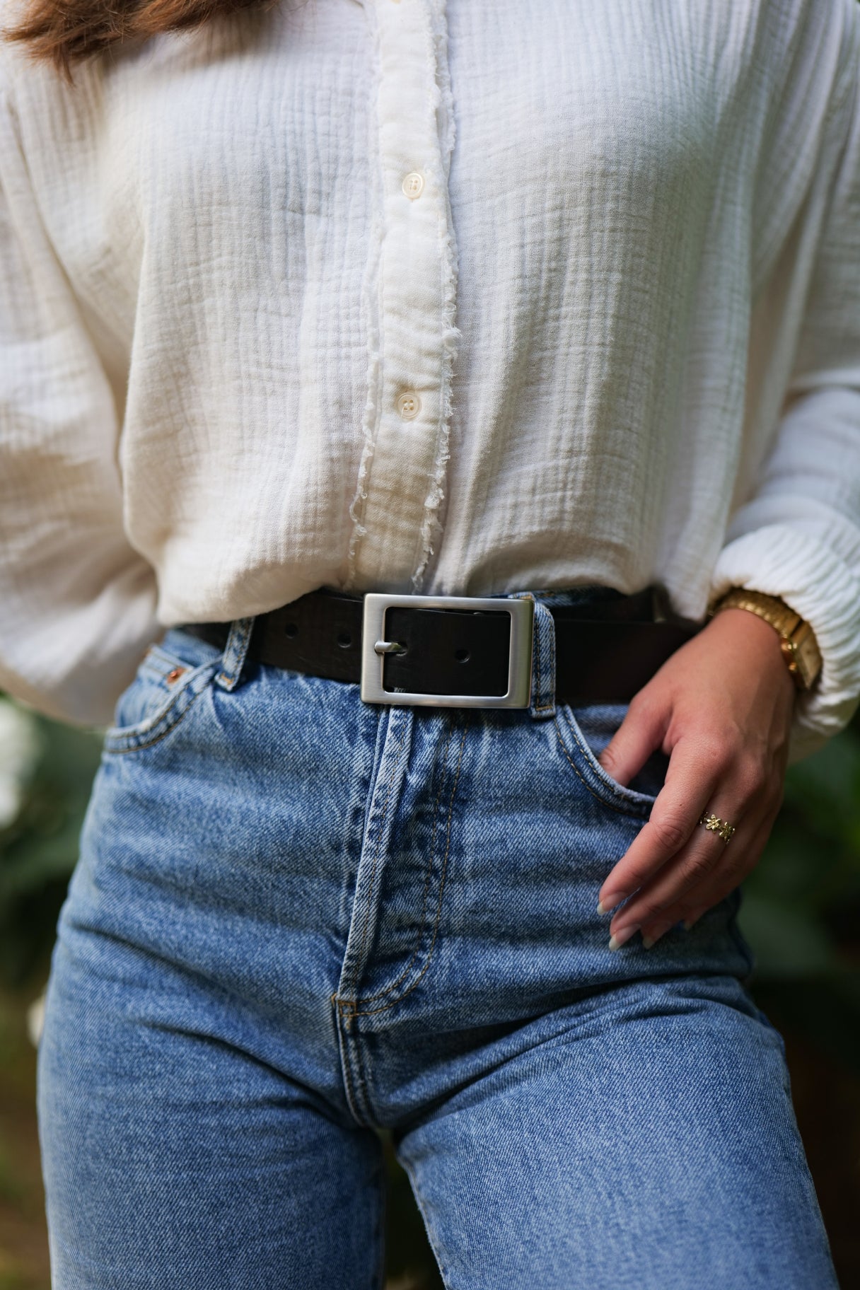 Ceinture en cuir noir boucle rectangle argentée brossée - Nappa maroquinerie