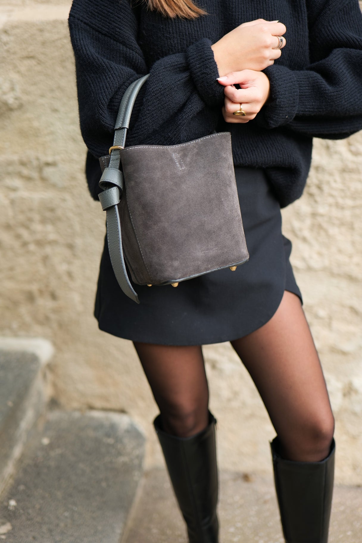 Sac à main en daim et en cuir - couleur gris
