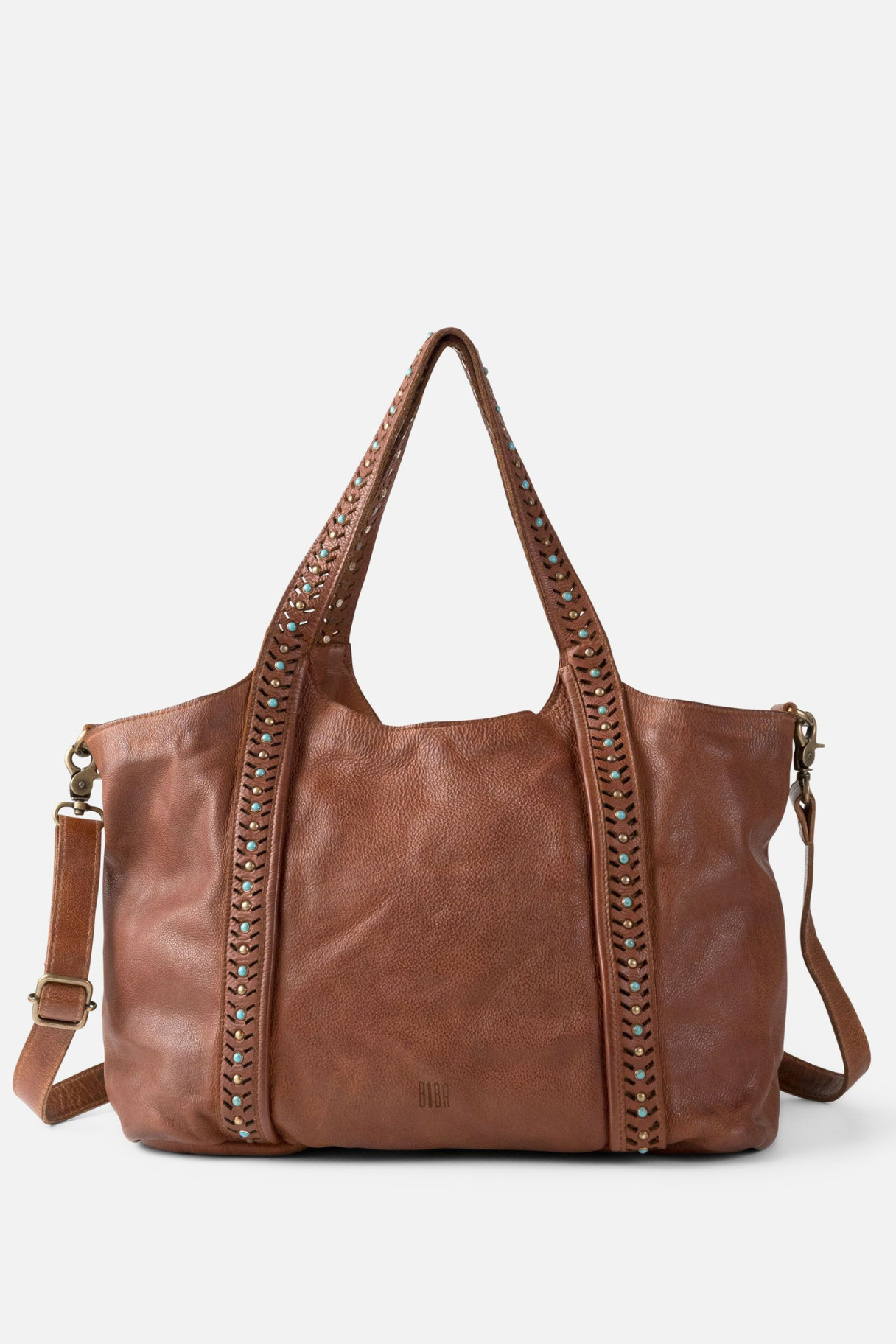 Sac cabas Winkler Biba en cuir de vachette lavé camel avec anses cloutées et bandoulière, vue de face