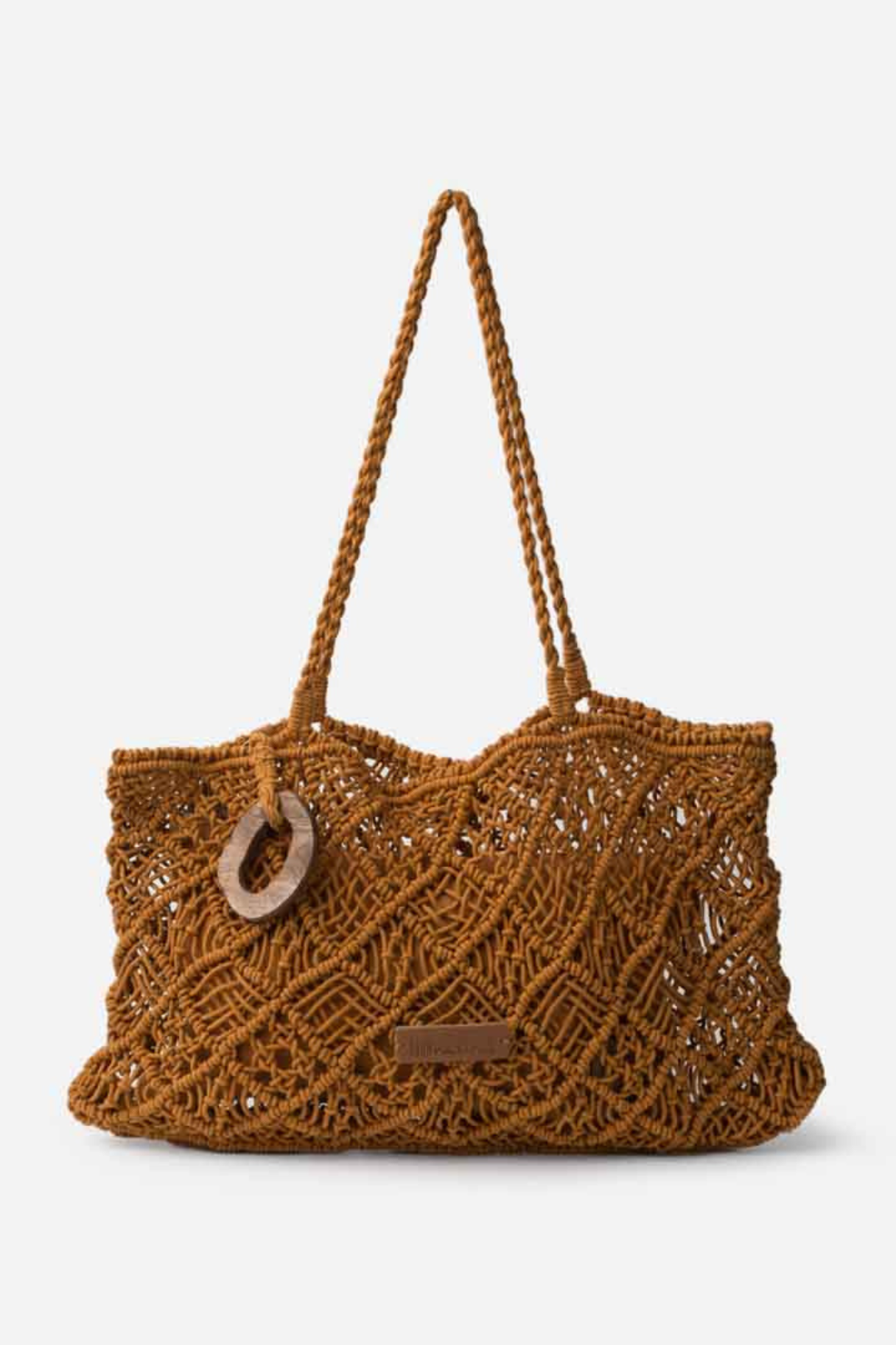 Sac baguette Biba en coton crocheté avec anneau en bois et pochette intérieure détail