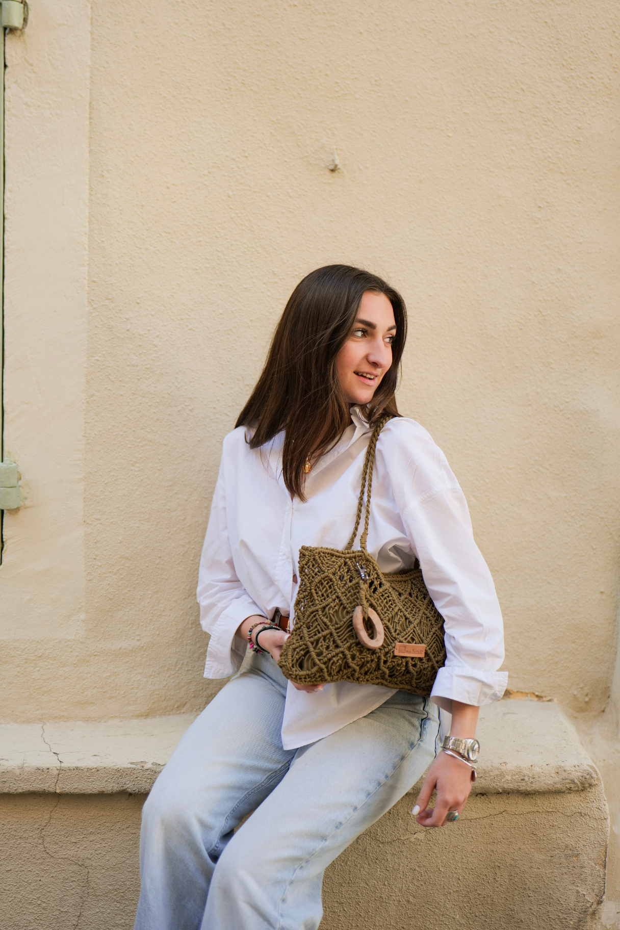 Sac à main Biba en coton crocheté kaki avec anneau en bois et pochette intérieure