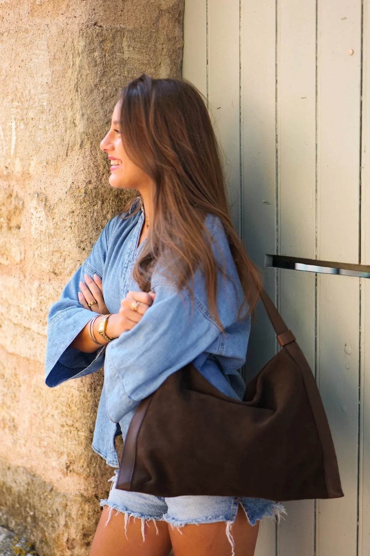 Sac hobo en cuir suédé déperlant BIBA Beaver – Marron ou kaki