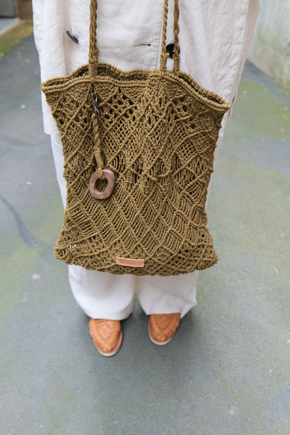 Sac filet en coton tressé couleur olive – vue en détail