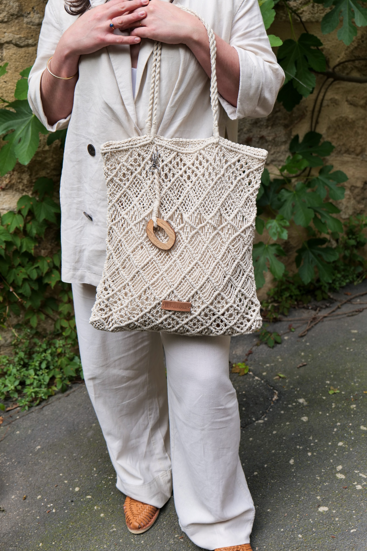 Sac filet en coton tressé couleur sable – vue de face