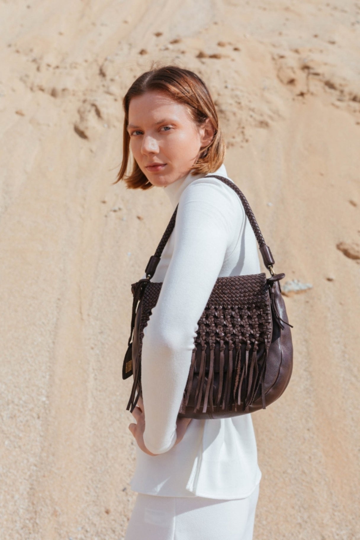 BIBA - Sac à main en cuir et tressé marron