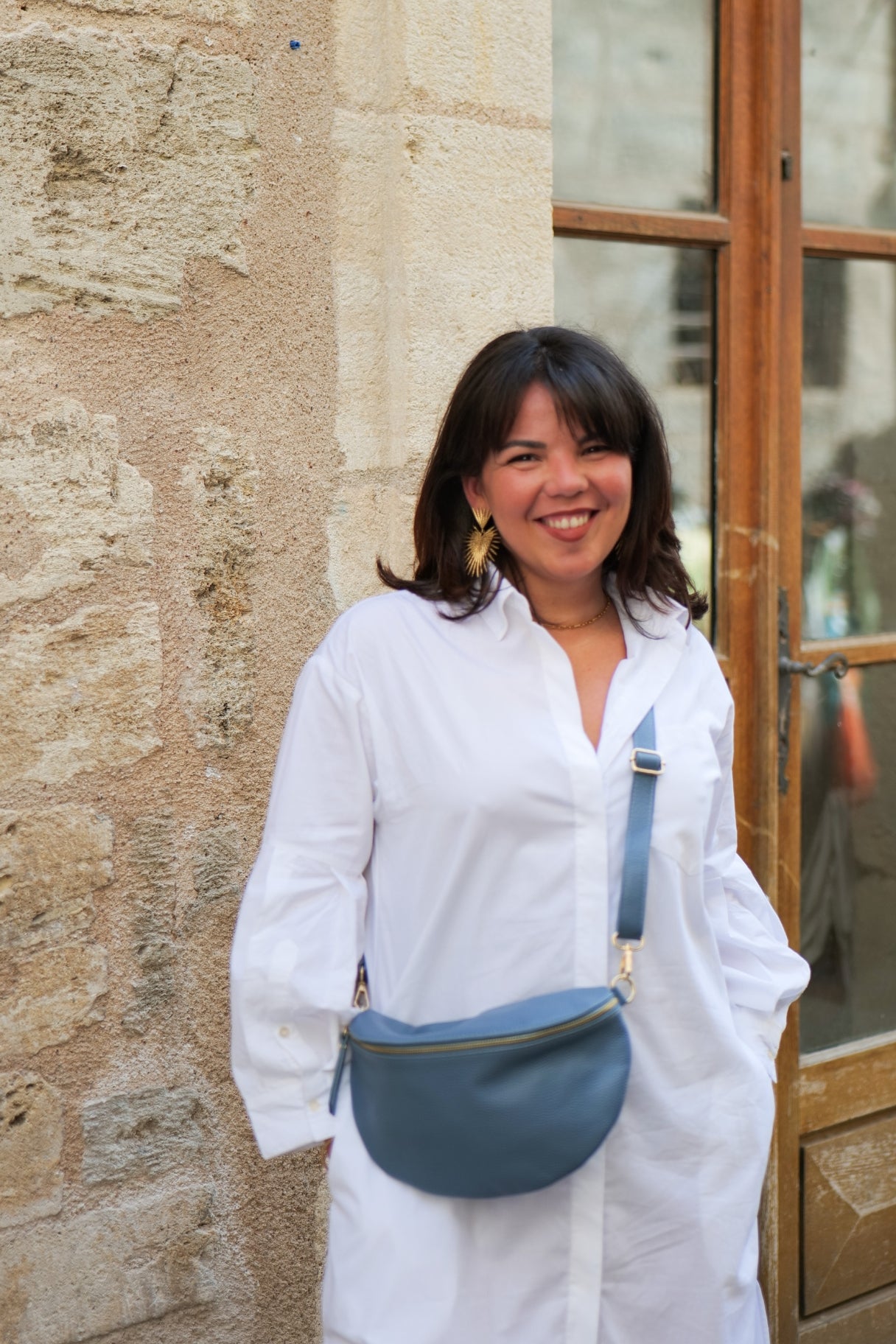 Sac banane en cuir grainé bleu ciel - Nappa maroquinerie 