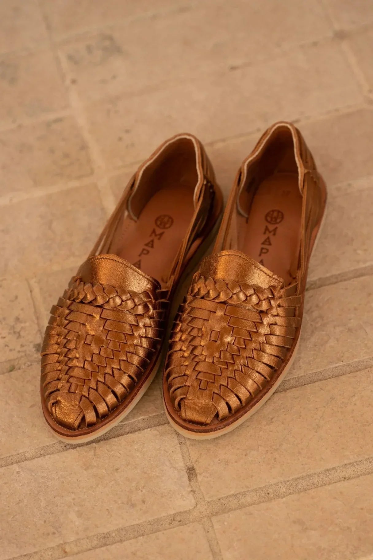 mocassins huarache femme cuir bronze tressé mapache