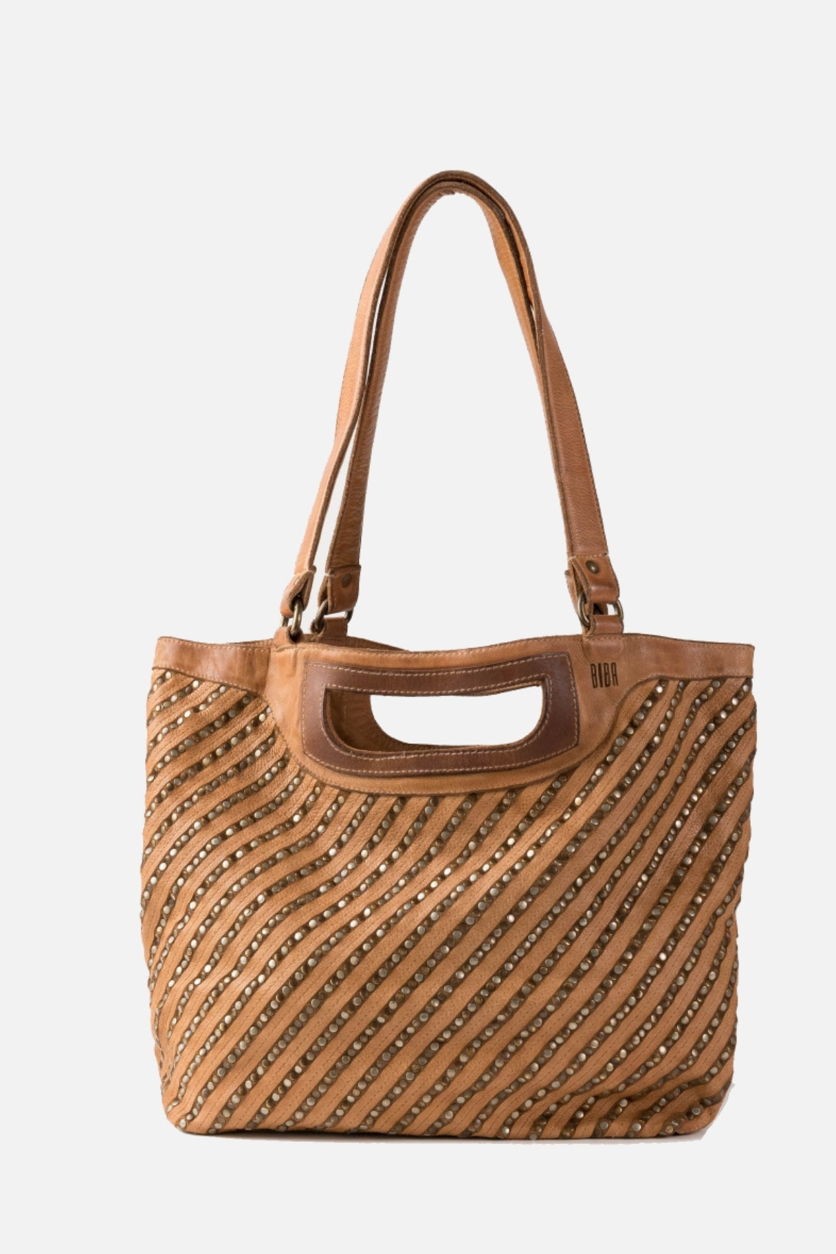 Sac cabas en cuir camel tressé avec anses longues