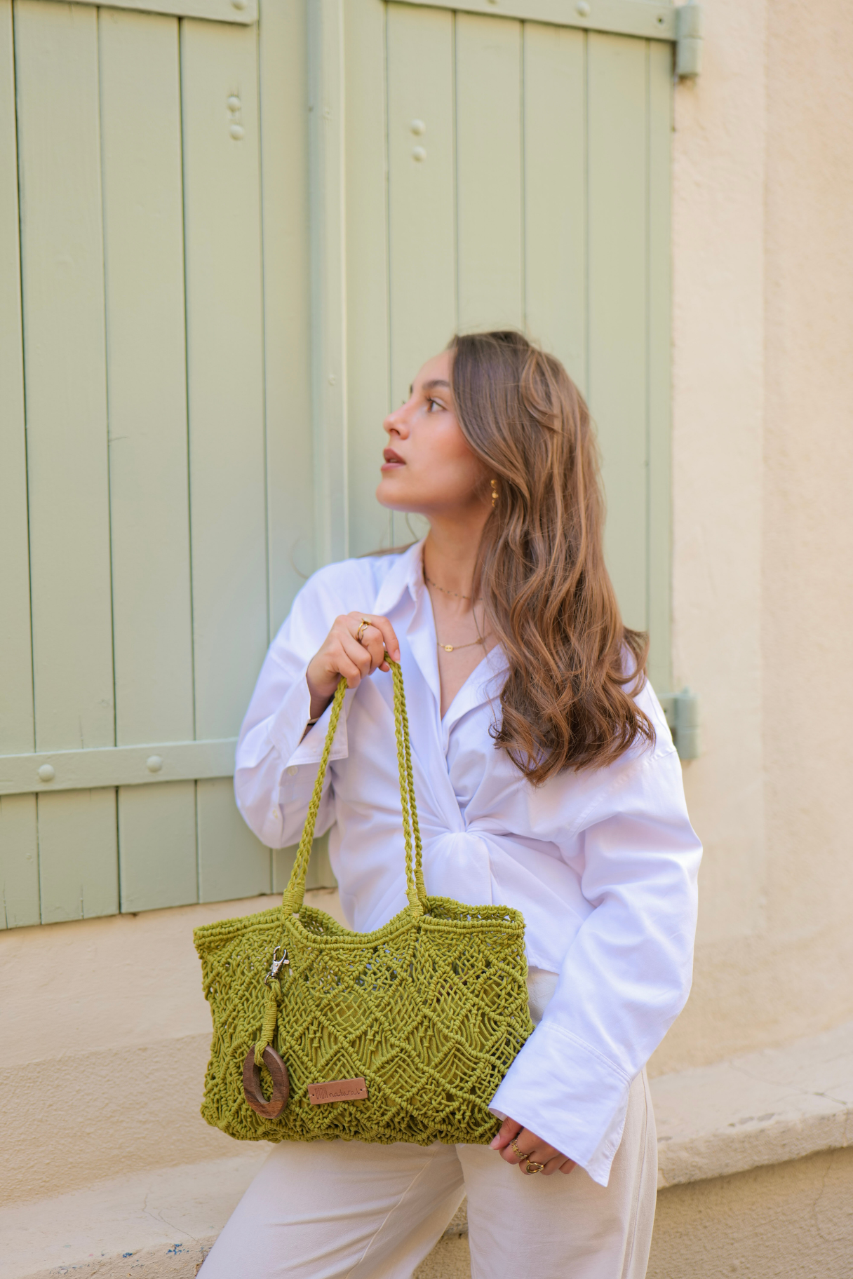 Sac baguette Biba crochet avec anneau en bois et pochette intérieure couleur vert