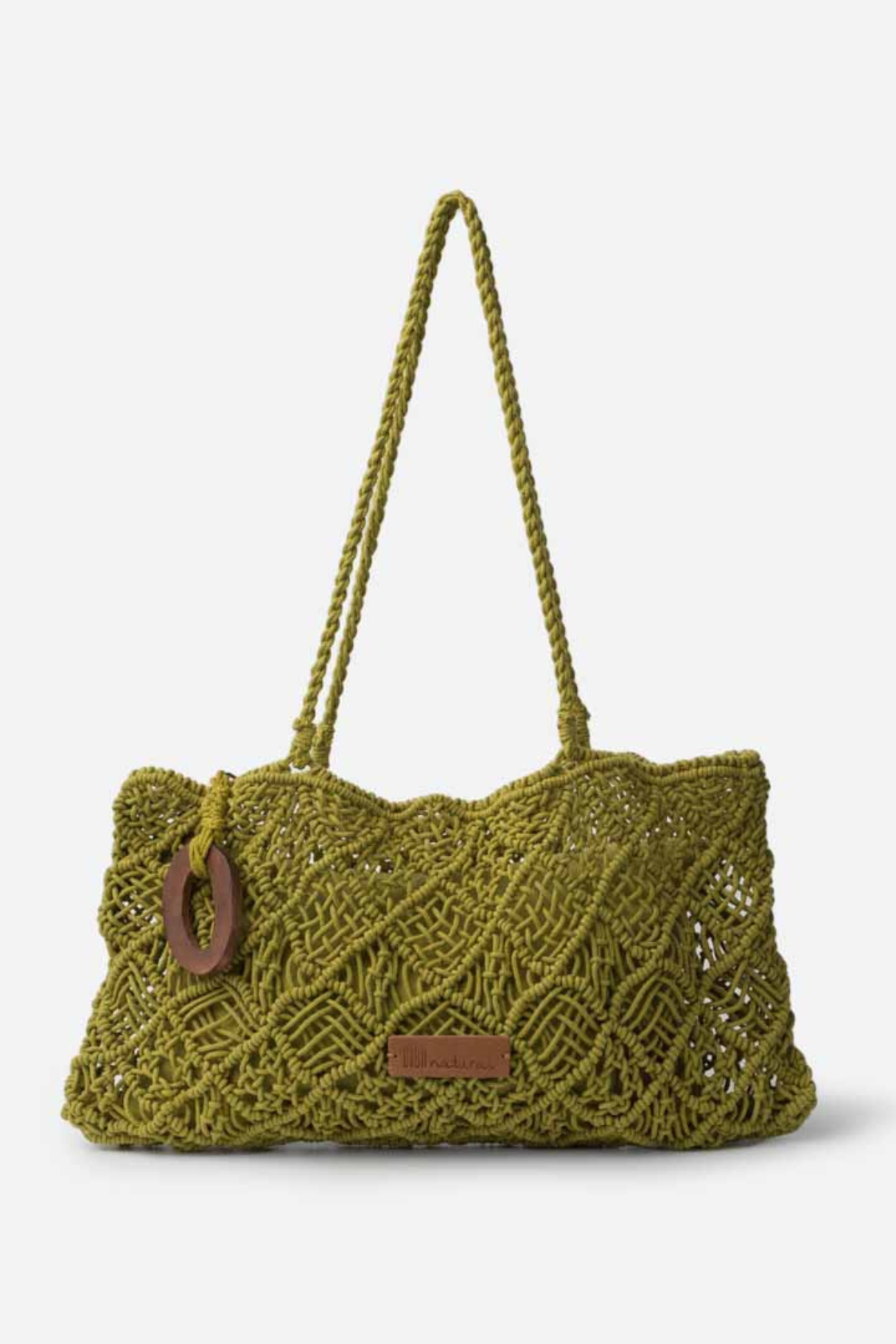 Sac baguette Biba en coton crocheté vert avec anneau en bois et pochette intérieure détail 