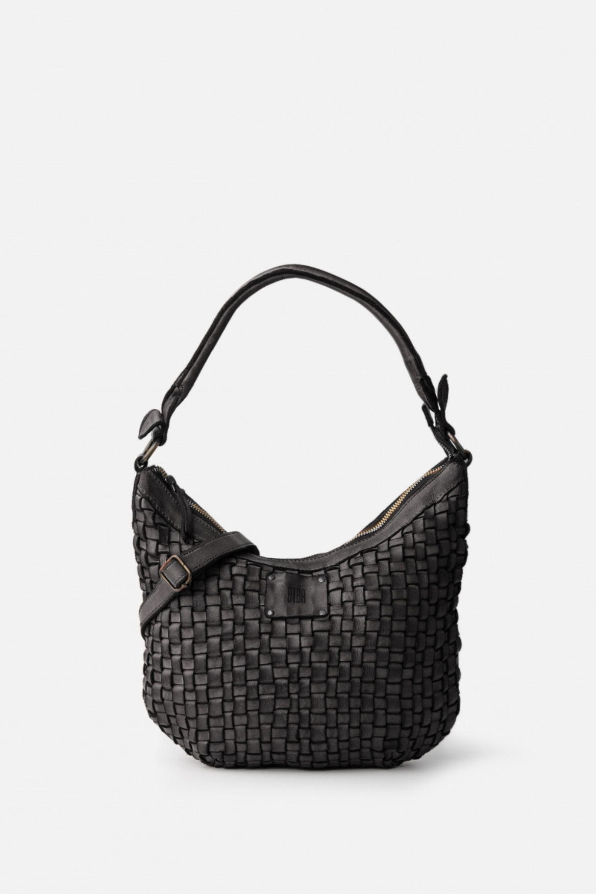 vue de face du sac demi-lune Heritage Kansas KA23 en cuir noir tressé