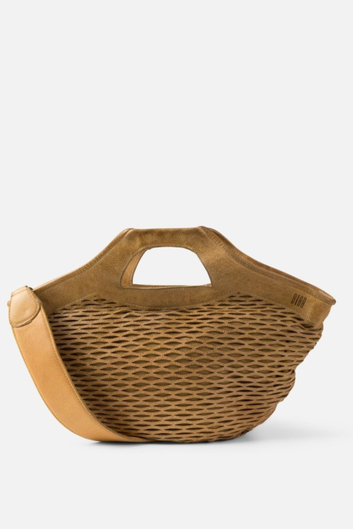 Sac panier femme en cuir suède yellow ajouré, modèle Doty Biba avec poignées intégrées et bandoulière